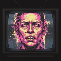 Glitched portrait of a person on a retro TV screen