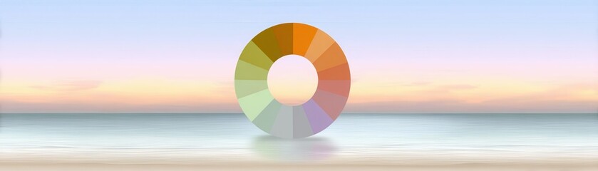 Obraz premium Conceptual Visualization of a Rotating Wheel for Quarterly Planning and Strategy Development on Serene Beach Background
