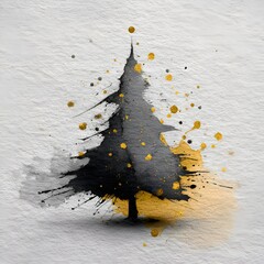 A minimalist watercolor Christmas tree with black ink and gold glitter dots creates a festive and artistic holiday card background design.