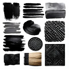 Collection of black paint brush strokes and textured shapes creates an abstract design on a square white s with varied techniques used.