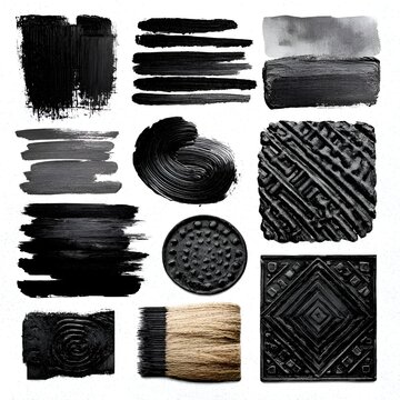 Collection of black paint brush strokes and textured shapes creates an abstract design on a square white s with varied techniques used.