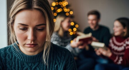 Sad young blonde woman feeling lonely and excluded during Christmas holidays, while happy family celebrates in the blurry background
