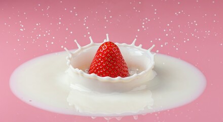 A vibrant red strawberry creates a dynamic white milk splash with a crown effect against a soft pink background, capturing freshness and motion.