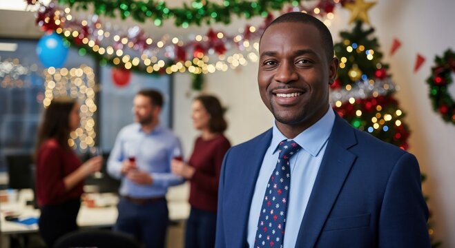 Happy young adult Black businessman in a blue suit and tie smiling at an office Christmas party with festive decorations and blurred colleagues in the background. - Powered by Adobe