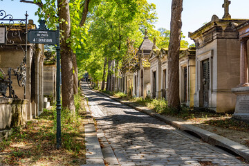Glimpse of tree-lined avenue with cobblestones in the monumental Cemetery of Pere Lachaise, largest cemetery in Paris, France, where many famous artists are buried.