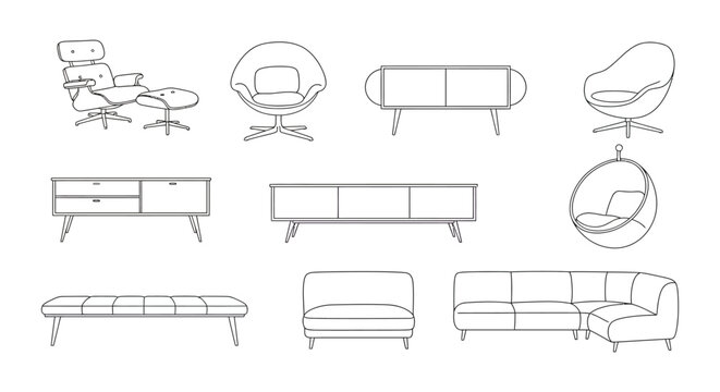 minimalist line art vector collection of modern furniture including iconic designer chairs sofas and sideboards perfect for interior design projects.