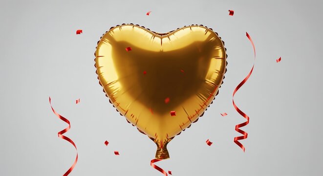 A vibrant golden heart-shaped foil balloon floats gracefully amidst a shower of festive red confetti and curling ribbons against a clean light grey background. - Powered by Adobe