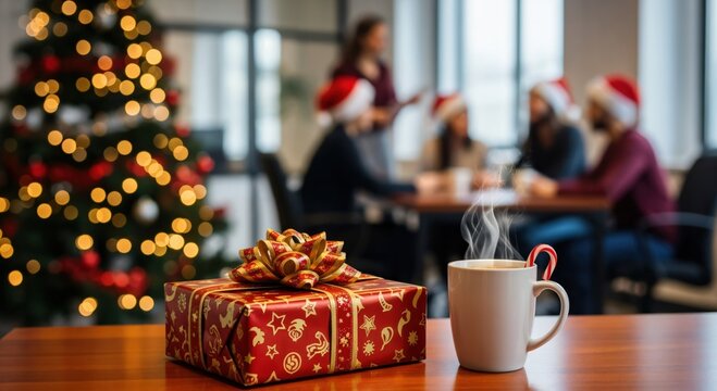 Christmas gift and steaming hot drink with candy cane on office desk, with blurred colleagues in Santa hats and decorated tree, celebrating holidays at work. - Powered by Adobe