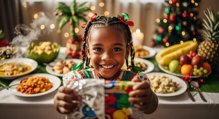 Joyful young Black girl with braids smiling and holding a Christmas gift at a festive holiday dinner table adorned with traditional Caribbean food and sparkling decorations.