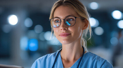 Young healthcare professional in scrubs and stethoscope wearing eyeglasses looking thoughtful in clinic with soft bokeh lights and medical monitor reflections