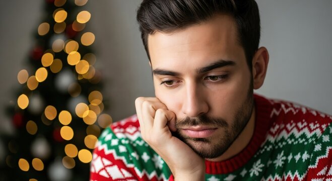 Pensive young Caucasian man in a festive Christmas sweater looking down, feeling sad and lonely during the holiday season with a blurred Christmas tree in the background. - Powered by Adobe