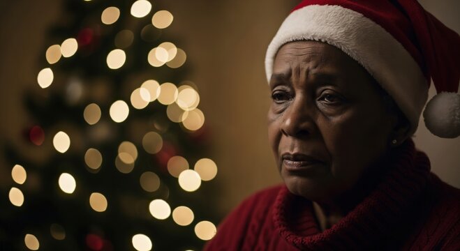 Melancholy senior Black woman in a Santa hat, contemplating during the holiday season with a festive background. - Powered by Adobe