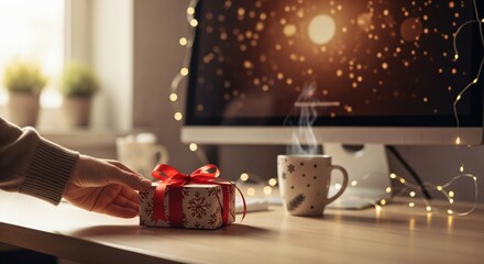 Female hand reaching for a small Christmas gift box with red ribbon on a cozy desk with steaming mug and festive computer screen decorated with string lights