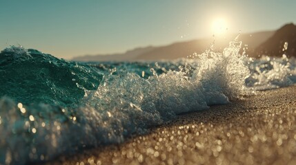 Coastal Serenity: A wave breaks on a sandy shore as the sun rises, casting a warm glow, embodying tranquility and the raw beauty of nature.