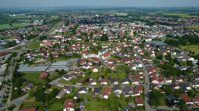 Aerial view around the city Pocking in Germany., Bavaria on a sunny afternoon in spring.