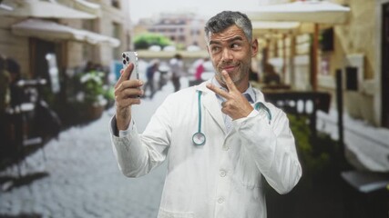 Doctor man holding smartphone and making v sign near face while taking a selfie on a cobbled street cafe; playful banter.