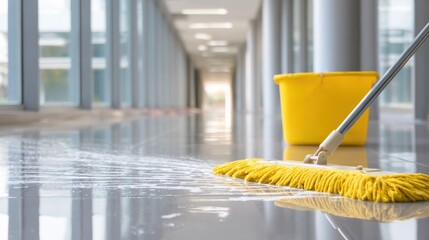 Mop cleaning a wet, glossy floor in a bright, modern office building or public hallway.