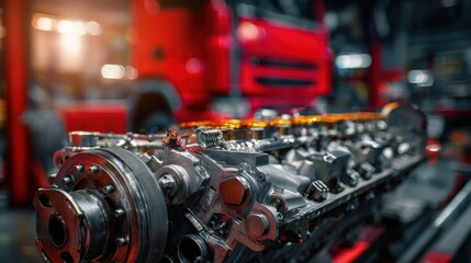 Obraz premium Close-up of a powerful truck engine in a manufacturing facility or heavy vehicle service center.