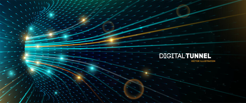 Digital Tunnel With Glowing Light Streams. Futuristic Data Flow. Speed Light Streem. Ai Machine Learning. Global internet processing. Vector Illustration.