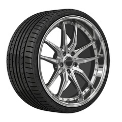 Obraz premium High-performance car tire with a sleek chrome multi-spoke alloy wheel, isolated on a white background, showcasing modern automotive design.