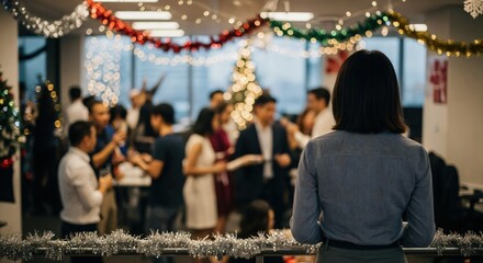 Rear view of an adult Asian woman observing a festive office holiday party with colleagues socializing amidst Christmas decorations and lights
