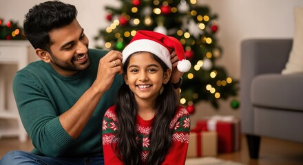 Happy Indian father putting a Santa hat on his smiling young daughter in a festive living room with a decorated Christmas tree and gifts