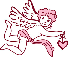 Fototapeta premium Cupid Flying With Heart Line Art