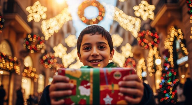 Happy young boy, 6-7 years old, smiling and holding a wrapped Christmas gift, standing on a festive city street illuminated with blurred holiday lights and decorations.