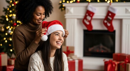 Happy diverse young women celebrating Christmas, one putting a Santa hat on the other in a festive living room with a decorated tree and fireplace.