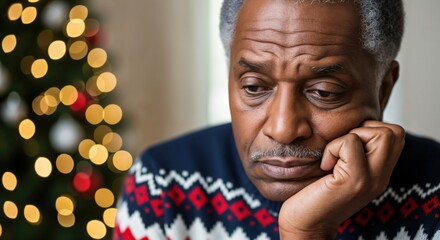 Sad elderly African American man feeling lonely during Christmas holidays, looking down with a pensive expression while wearing a festive sweater indoors.