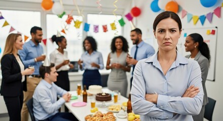 Unhappy young adult businesswoman with a grumpy expression and crossed arms stands apart from her joyful diverse colleagues celebrating at an office party.