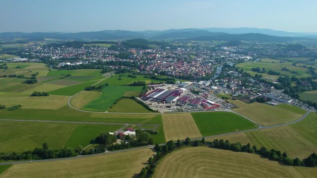 Aerial view of the old town and city Cham in Germany, Bavaria on a sunny noon spring day