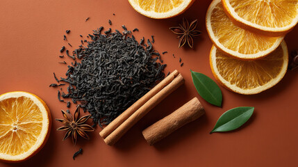Black tea leaves with cinnamon stick and dried orange slice, star anise and green leaf on brown background, warm aromatic composition with cozy spice and citrus notes