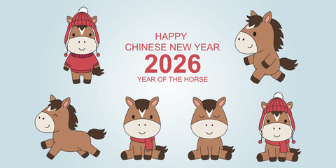 Set of Cute horse Design for Lunar New Year horse Chinese zodiac sign 2026