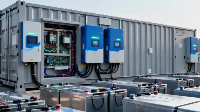 Medium shot of a smart distributed energy storage installation featuring combined battery packs and electronic management devices in an urban energy hub.