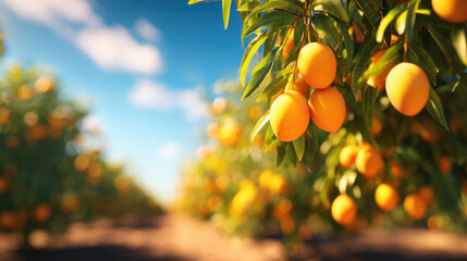 Ripe orange citrus fruit orchard sunlight blue sky tree branch