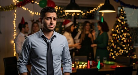 Fototapeta premium Upset young man feeling lonely and isolated at a festive Christmas holiday party, looking sad amidst cheerful friends and decorations.