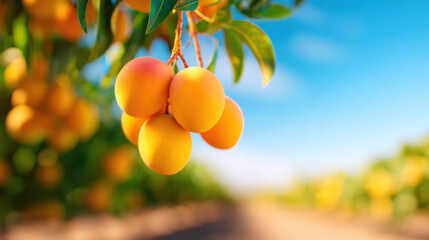 Ripe mango fruit hanging on branch in sunlit orchard, warm golden color and green leaves creating inviting summer harvest scene
