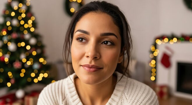 Thoughtful young adult woman with dark hair smiling gently in a cozy home decorated for Christmas holidays, festive lights in background.