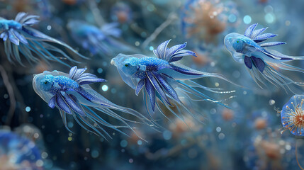 Underwater dance of colorful jellyfish and fish ocean depths digital art ethereal environment close-up view marine life