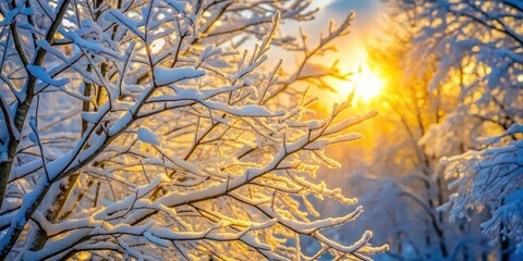 Obraz premium Snow-covered tree branches stretching upwards through frosty air, illuminated by soft golden light of winter sun peeking between dense foliage, cold weather, serene atmosphere