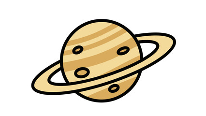 Cartoon illustration of a stylized planet with rings and surface markings on a white background