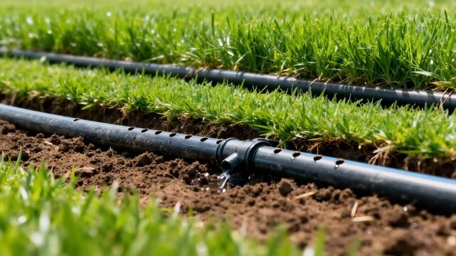 Medium shot of drip subsurface irrigation pipes laid beneath turf to provide slow consistent moisture to lawn roots without surface runoff.