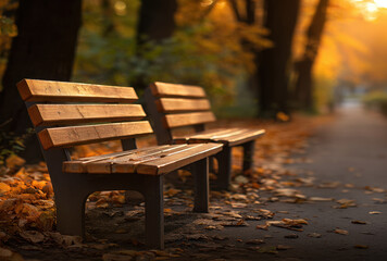 Two wooden bench park bench autumn bench wooden seat fallen leaf park path forest path morning light
