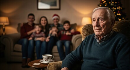 Pensive senior Caucasian man sitting alone in an armchair during a blurred family Christmas gathering at home, reflecting quietly.