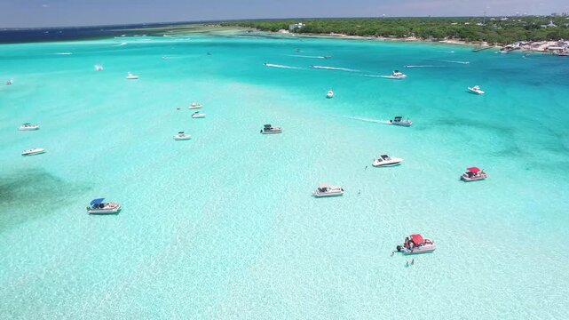 Aerial Drone View of Boats Cruising Through Turquoise Water at Crab Island, Destin, Florida