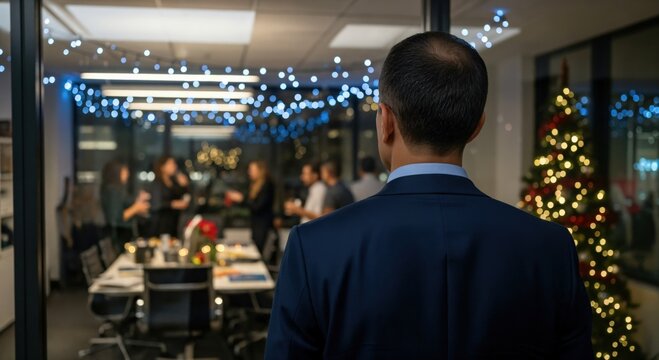 Rear view of a male executive in a suit watching a blurred office holiday celebration with a Christmas tree and string lights. - Powered by Adobe