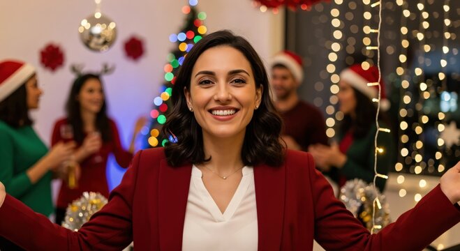 Joyful young adult woman in a red blazer smiling at a festive Christmas holiday party with friends and colorful decorations - Powered by Adobe