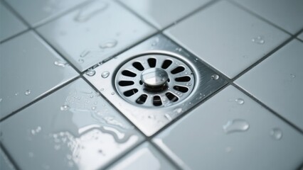 Close-up of a metallic shower drain on tiled floor with water droplets