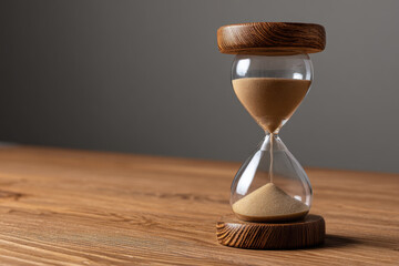 Vintage hourglass with wooden base and top on wooden table, flowing sand marking passage of time and creating calm contemplative mood